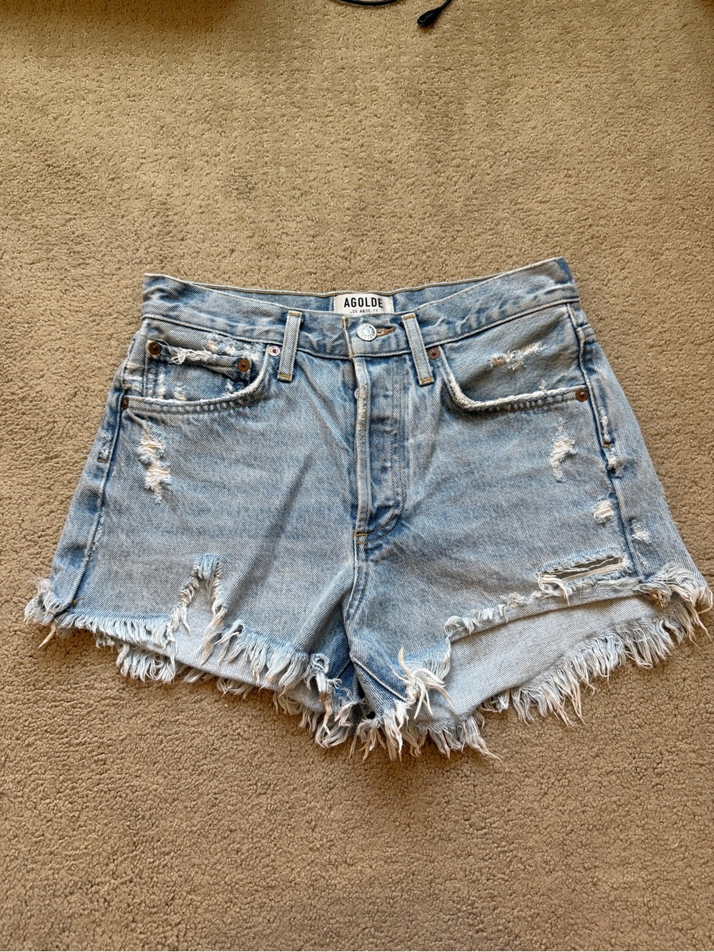 Agolde Parker Light Wash Distressed Frayed Hem Denim Shorts